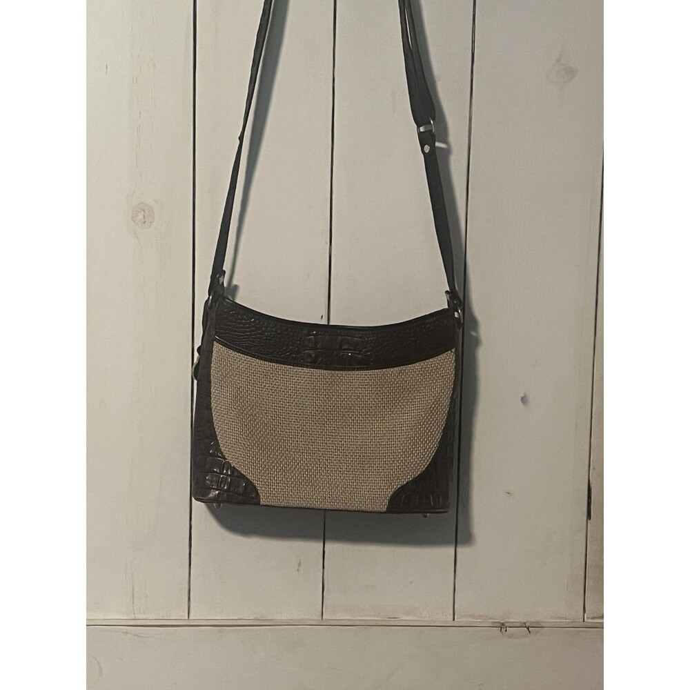 Vintage Brahmin Harbor Collection Woven Linen Leather Shoulder Bag Purse Brown